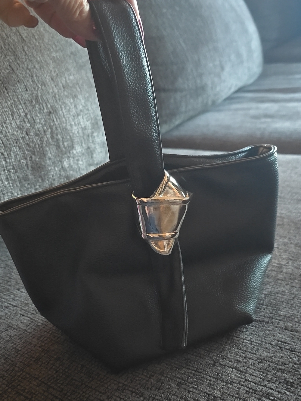 Black Leather Wristlet Clutch with Silver-Tone Accent